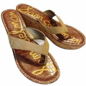 Sam Edelman Sandal Wedges 9.5 Women Tan Patent Leather Platform Cork Bottom